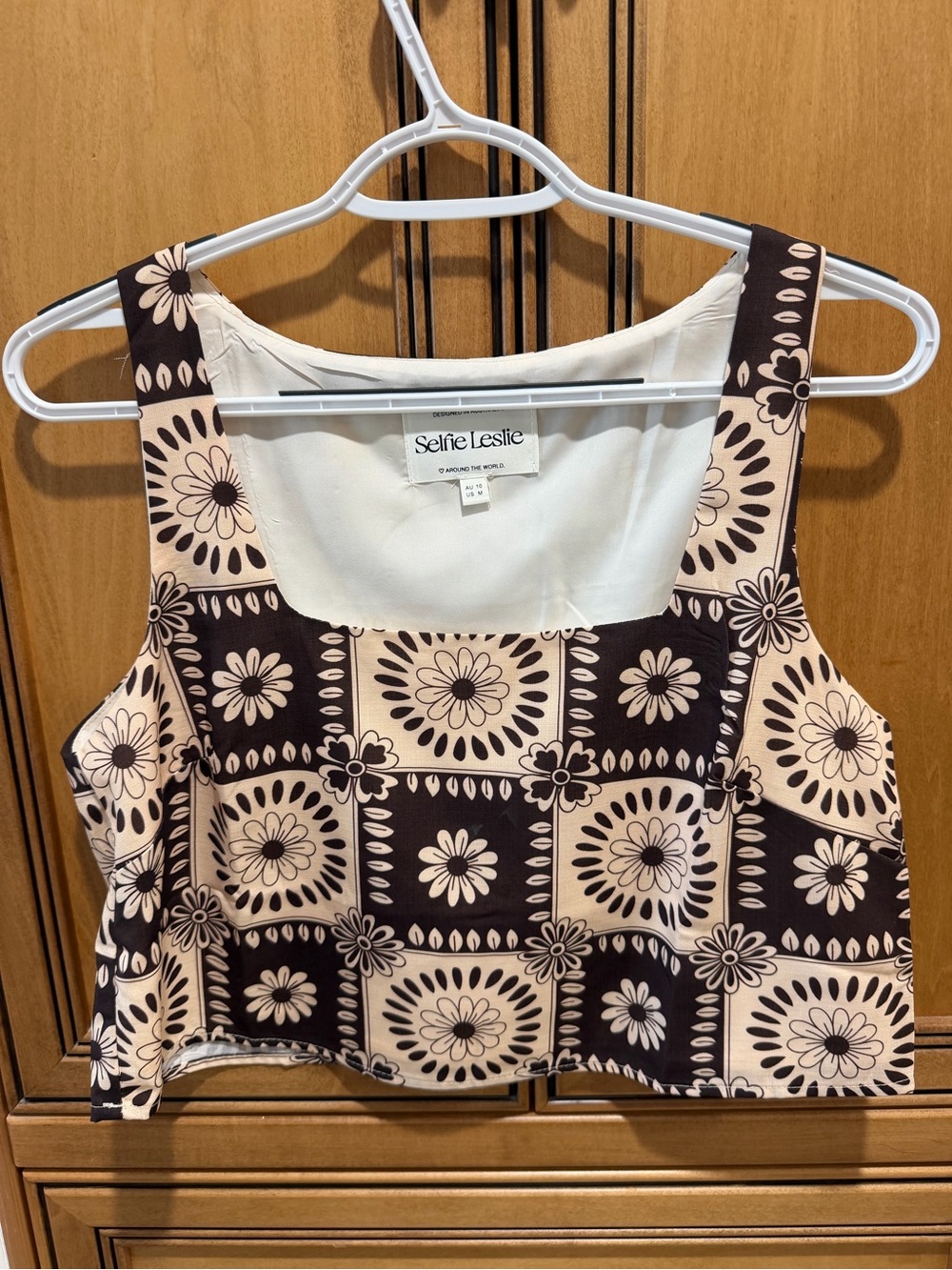Selfie Leslie Brown and Cream Floral Square-Neck Crop Top